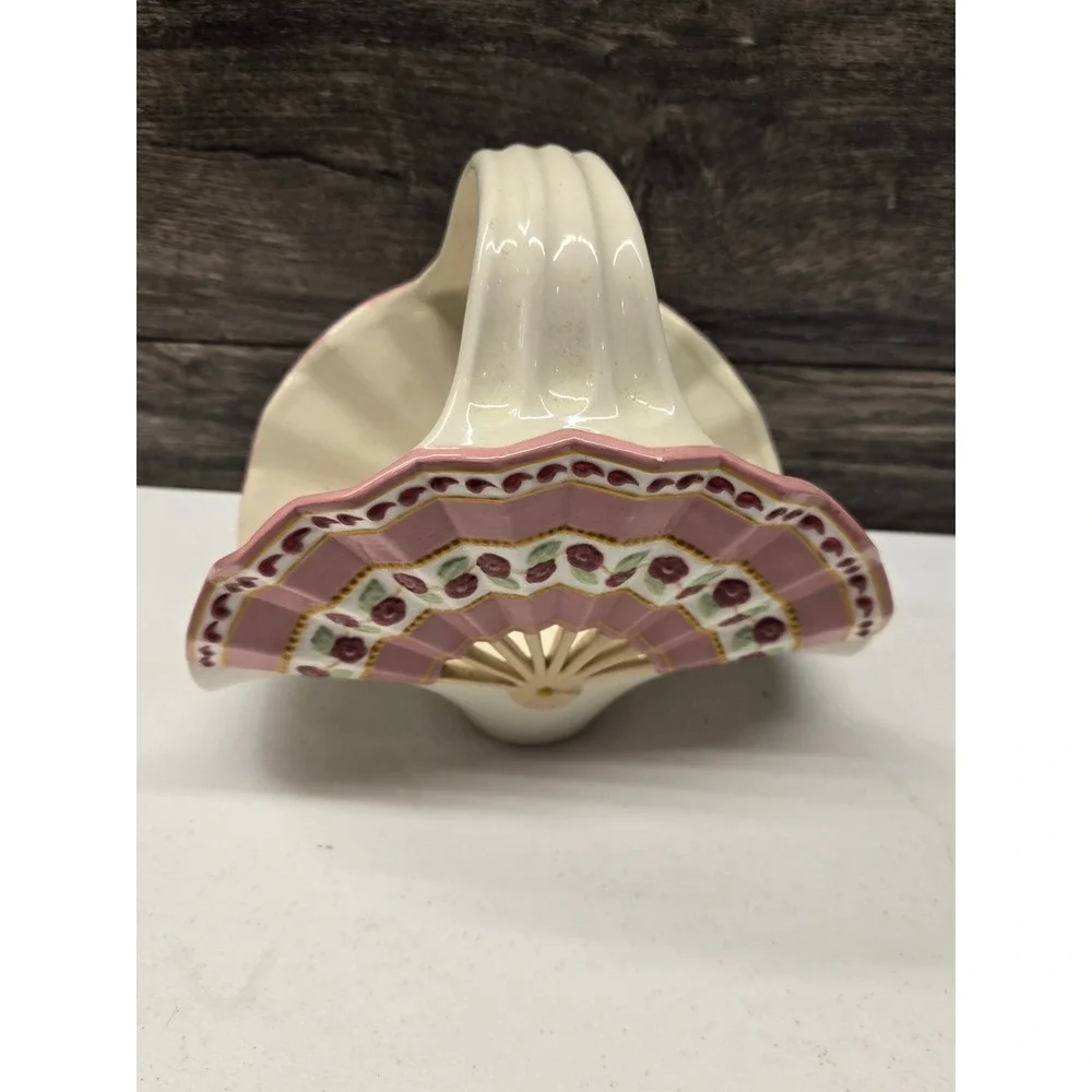 Vintage Ceramic Fan Basket Floral Hand Painted Pink Cream Decorative Dish 8in